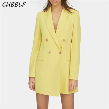CHBBLF женски елегантен жълто сако с джобове, двубортный, с дълъг ръкав, офис облекла, палта, дамски ежедневни връхни дрехи, луксозен топ XDL2247