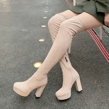 ZawsThia/пикантен дамски зимни обувки за зрели жени, ботильоны на високо блок обувки с кръгло бомбе 11 см, ботуши над коляното на платформата, стрейчевые ботуши над коляното
