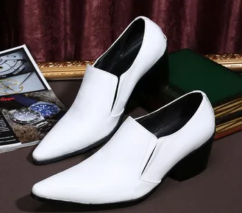 Бели мъжки Oxfords От естествена Кожа, мъжки сватбени Модела Обувки Без Закопчалка, бизнес кожени Обувки с Остри Пръсти, Лоферы На Висок Ток 0