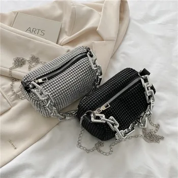 Гореща дизайнерска чанта rhienstone с диаманти, луксозни сребърна дебела верига, дамски квадратна чанта-клатч, луксозна чанта-месинджър на рамото