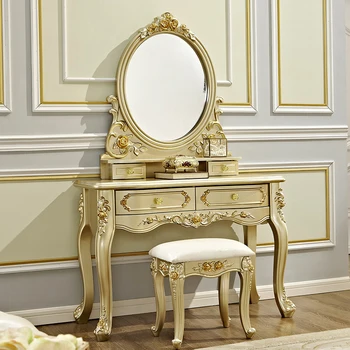 Европейският тоалетка гардероб за съхранение на вграден тоалетка за спалня огледало за грим комбинираното френското Резное шампанско злато
