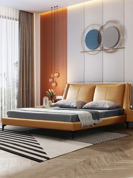 Луксозна кожена легло в скандинавски стил на втория етаж leather wedding bed проста модерна основната спалня е с двойно кожено легло 1,8 италиански
