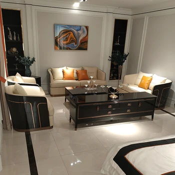 Обичай италиански луксозен диван от черно дърво, проста комбинация кожа Армани от масивно дърво, малък апартамент, хол