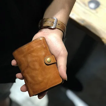 Оригинален мъжки кратък чантата си ръчно изработени от телешка кожа на първия слой растително дъбени в ретро стил с водительскими права
