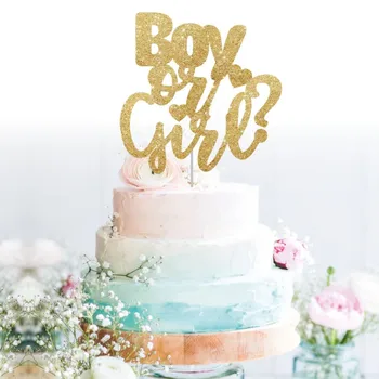 Персонализирани пол разкрива златен topper за торта, topper за торта за момче или момиче, индивидуален блестящ topper за тортата за детската душа