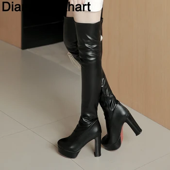 По-големи размери 32-44, маркови модни ботуши над коляното на платформата, пикантни женски обувки на много високи токчета, дамски официални дълги ботуши, Дамски обувки