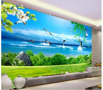 Потребителски снимки на 3d тапети Красив морски пейзаж с делфина ТЕЛЕВИЗИЯ фон на стената на Домашен интериор 3d стенописи тапети за хола 0
