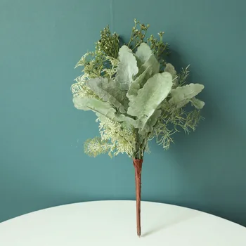 Сребърен лист хризантеми изкуствен букет пластмасови цветя и зелени растения, трева сватбена стая коледна украса INS стил
