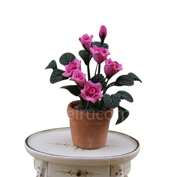 Украса на куклени къщички мащабна модел 1:12 Розово цвете и керамична саксия