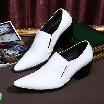 Бели мъжки Oxfords От естествена Кожа, мъжки сватбени Модела Обувки Без Закопчалка, бизнес кожени Обувки с Остри Пръсти, Лоферы На Висок Ток 1