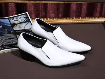Бели мъжки Oxfords От естествена Кожа, мъжки сватбени Модела Обувки Без Закопчалка, бизнес кожени Обувки с Остри Пръсти, Лоферы На Висок Ток 3