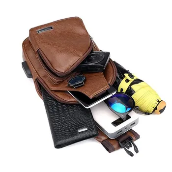 Мъжки Нагрудная чанта USB, Дизайнерски Мъжки чанти-месинджър през Рамо, Чанти през Рамо от Изкуствена Кожа, Диагонално Предпоставка Пътна Нагрудная Чанта 3