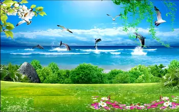 Потребителски снимки на 3d тапети Красив морски пейзаж с делфина ТЕЛЕВИЗИЯ фон на стената на Домашен интериор 3d стенописи тапети за хола 3