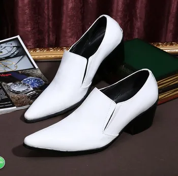 Бели мъжки Oxfords От естествена Кожа, мъжки сватбени Модела Обувки Без Закопчалка, бизнес кожени Обувки с Остри Пръсти, Лоферы На Висок Ток 4
