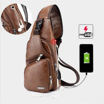 Мъжки Нагрудная чанта USB, Дизайнерски Мъжки чанти-месинджър през Рамо, Чанти през Рамо от Изкуствена Кожа, Диагонално Предпоставка Пътна Нагрудная Чанта 4