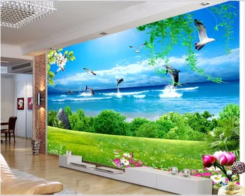 Потребителски снимки на 3d тапети Красив морски пейзаж с делфина ТЕЛЕВИЗИЯ фон на стената на Домашен интериор 3d стенописи тапети за хола 4