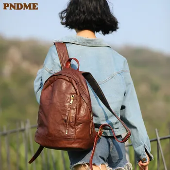 PNDME открит луксозен женски раница от естествена кожа за пътуване за уикенда, от естествена телешка кожа, женски раница, модни дамски чанта за книги 5